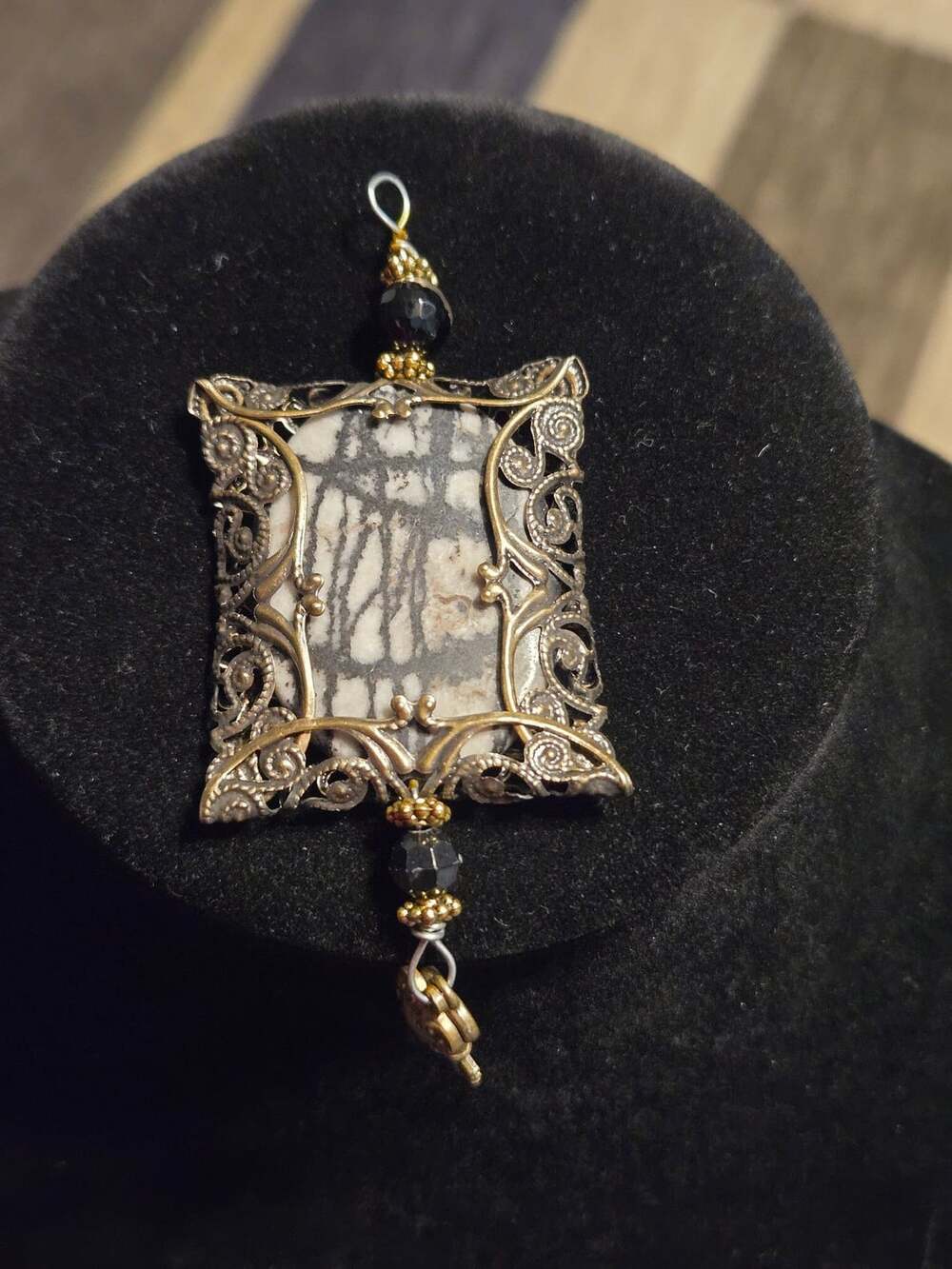 Vintage Handcrafted Landscape Jasper Filigree Pendant